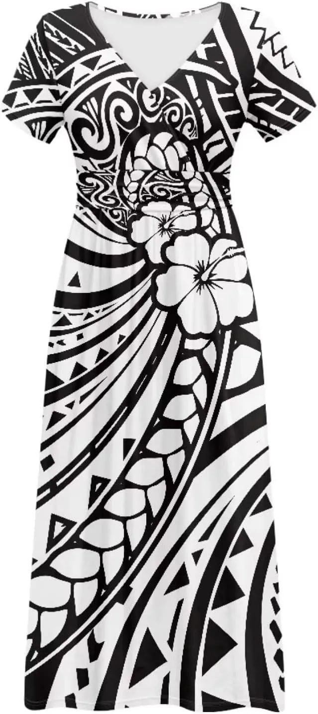 V-Neck Short Sleeve Maxi Dresses for Women Ankle Length Floral Print Beach Long Flowy Dress with Pockets