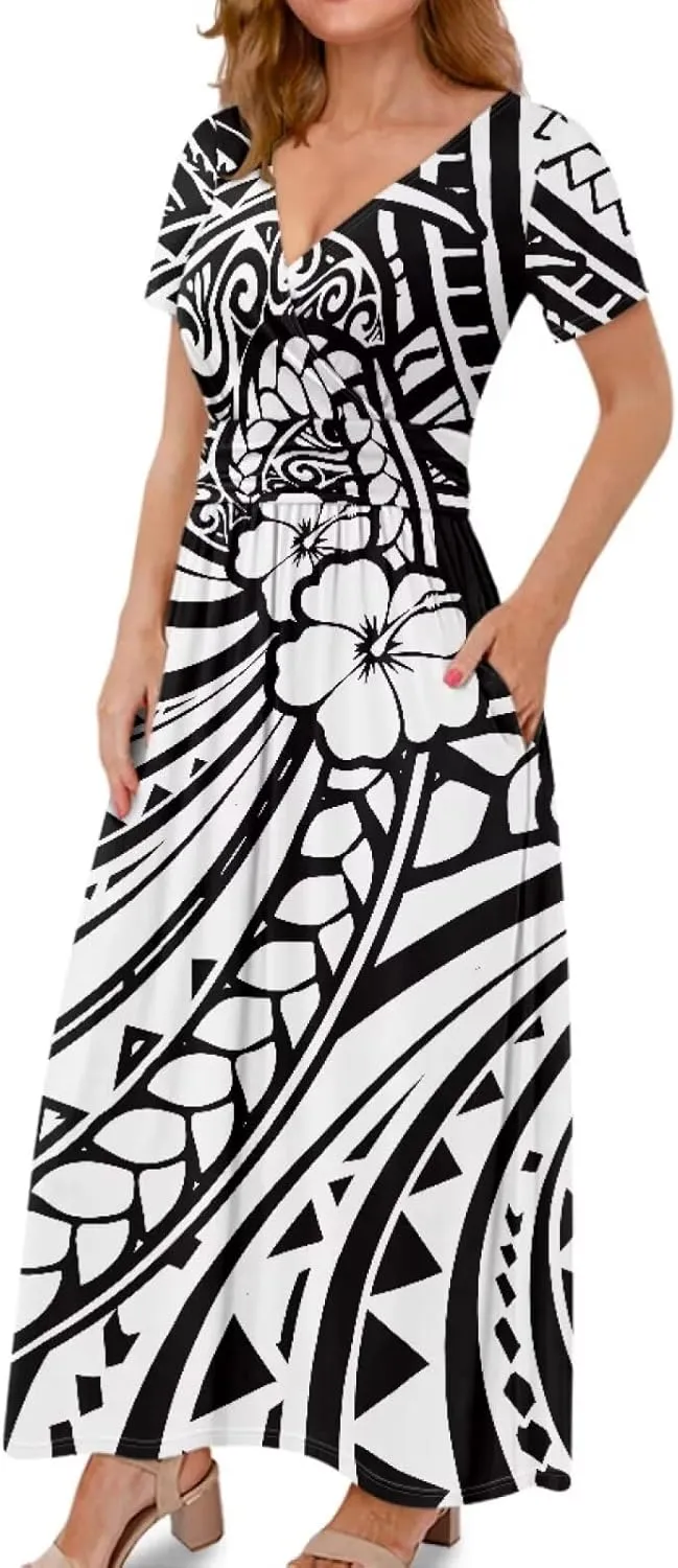 V-Neck Short Sleeve Maxi Dresses for Women Ankle Length Floral Print Beach Long Flowy Dress with Pockets