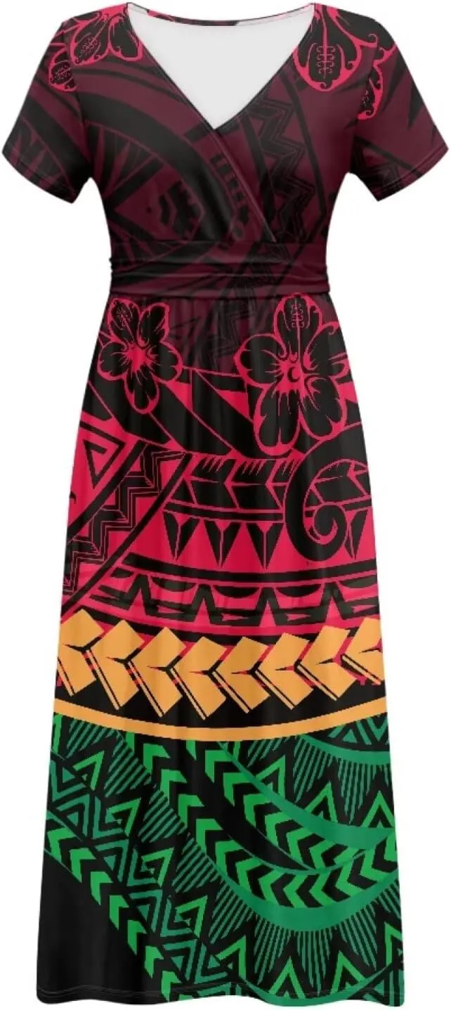 V-Neck Short Sleeve Maxi Dresses for Women Ankle Length Floral Print Beach Long Flowy Dress with Pockets