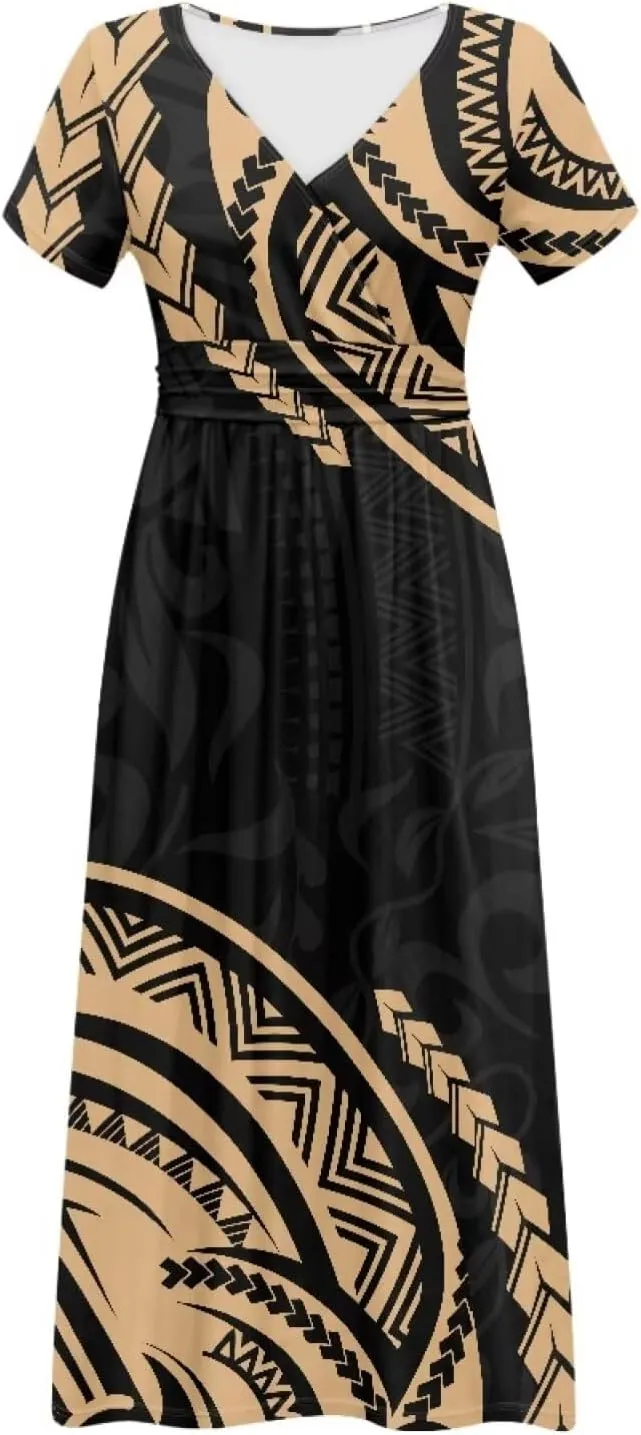 V-Neck Short Sleeve Maxi Dresses for Women Ankle Length Floral Print Beach Long Flowy Dress with Pockets