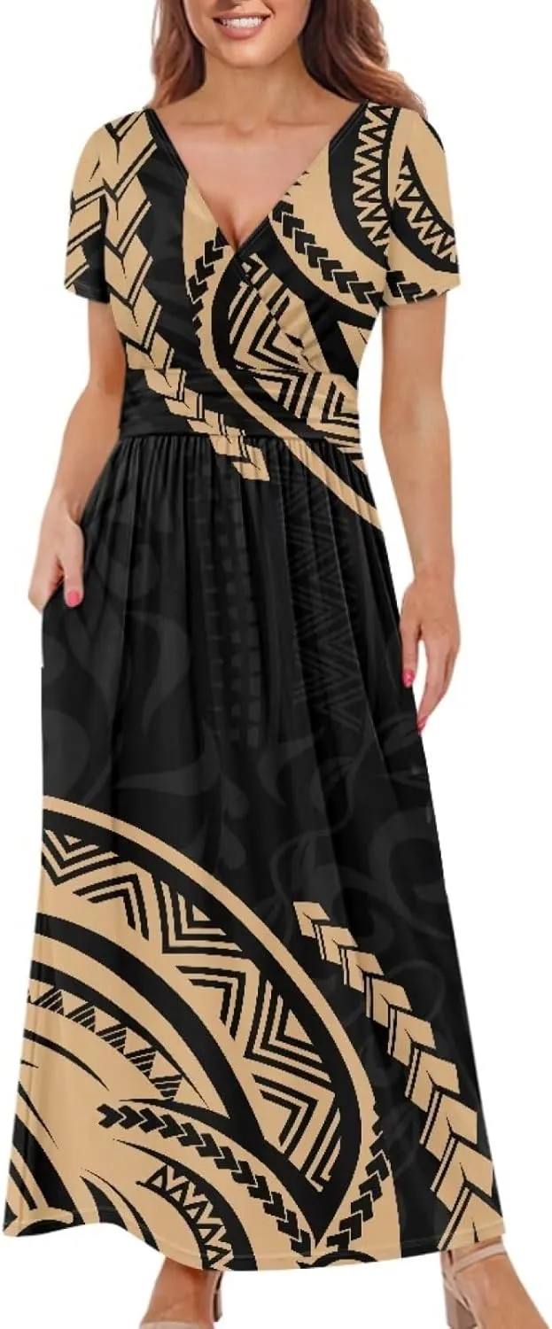 V-Neck Short Sleeve Maxi Dresses for Women Ankle Length Floral Print Beach Long Flowy Dress with Pockets