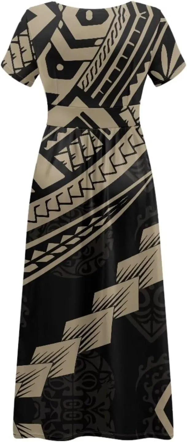 V-Neck Short Sleeve Maxi Dresses for Women Ankle Length Floral Print Beach Long Flowy Dress with Pockets