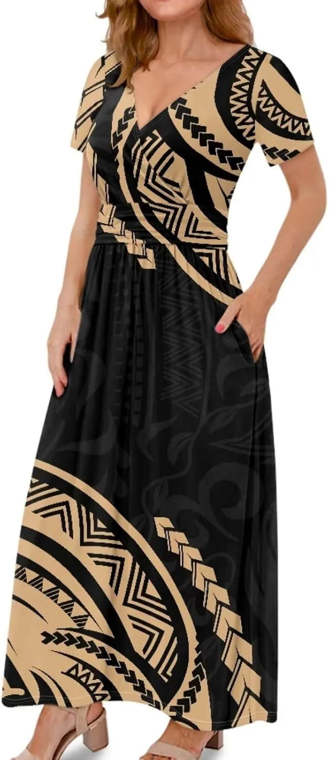 V-Neck Short Sleeve Maxi Dresses for Women Ankle Length Floral Print Beach Long Flowy Dress with Pockets