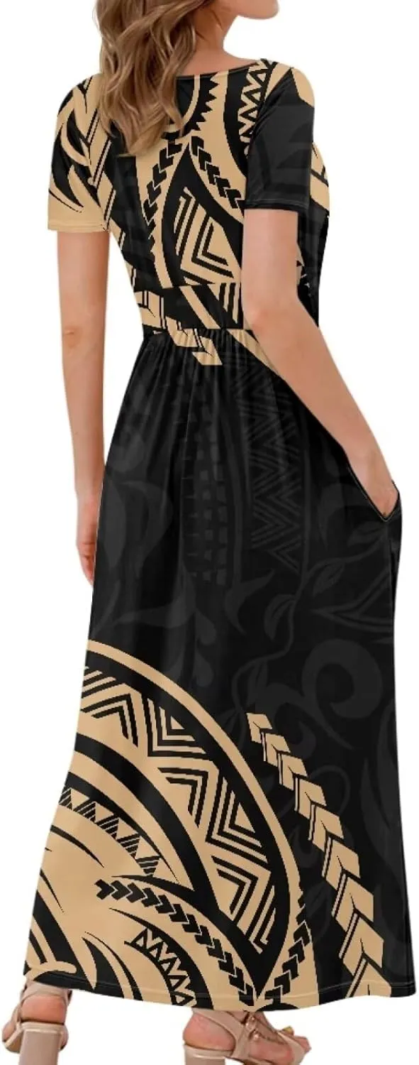 V-Neck Short Sleeve Maxi Dresses for Women Ankle Length Floral Print Beach Long Flowy Dress with Pockets