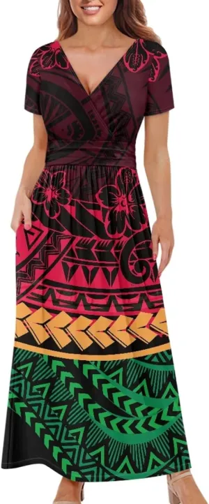 V-Neck Short Sleeve Maxi Dresses for Women Ankle Length Floral Print Beach Long Flowy Dress with Pockets