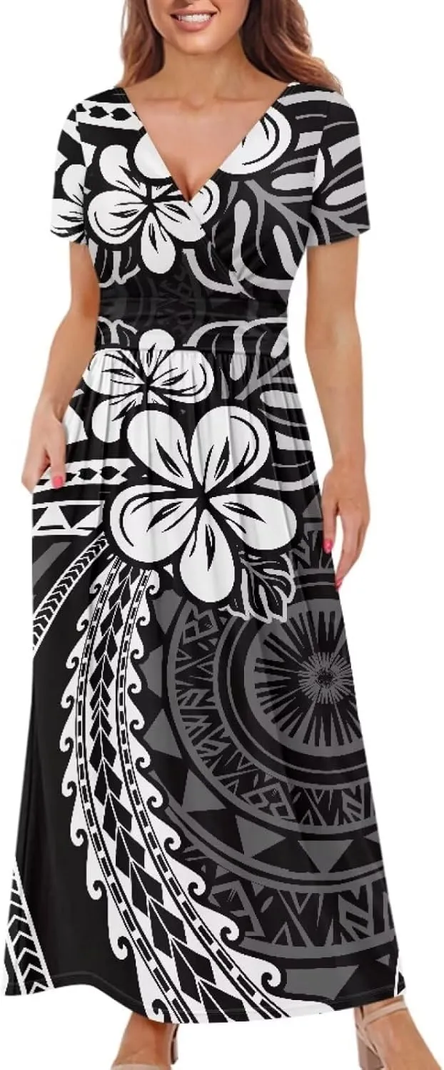 V-Neck Short Sleeve Maxi Dresses for Women Ankle Length Floral Print Beach Long Flowy Dress with Pockets