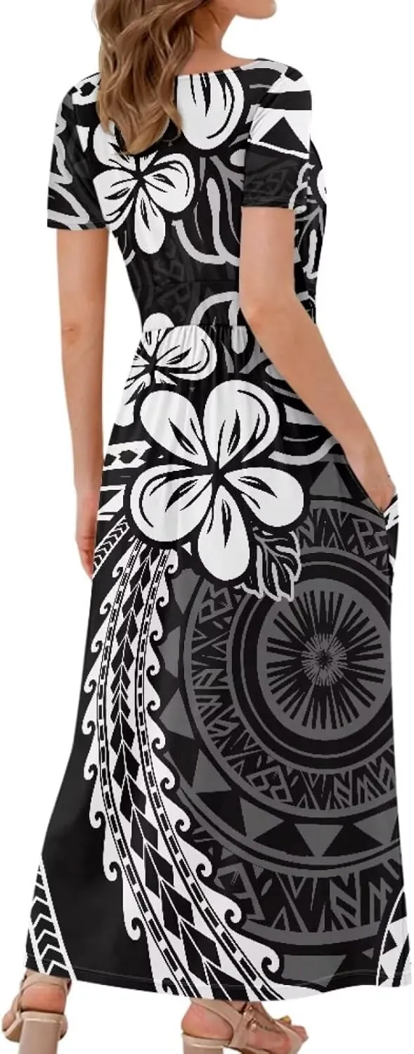 V-Neck Short Sleeve Maxi Dresses for Women Ankle Length Floral Print Beach Long Flowy Dress with Pockets