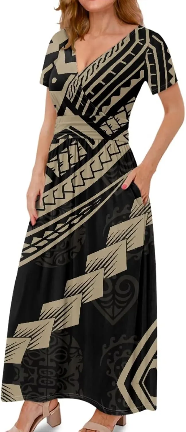 V-Neck Short Sleeve Maxi Dresses for Women Ankle Length Floral Print Beach Long Flowy Dress with Pockets