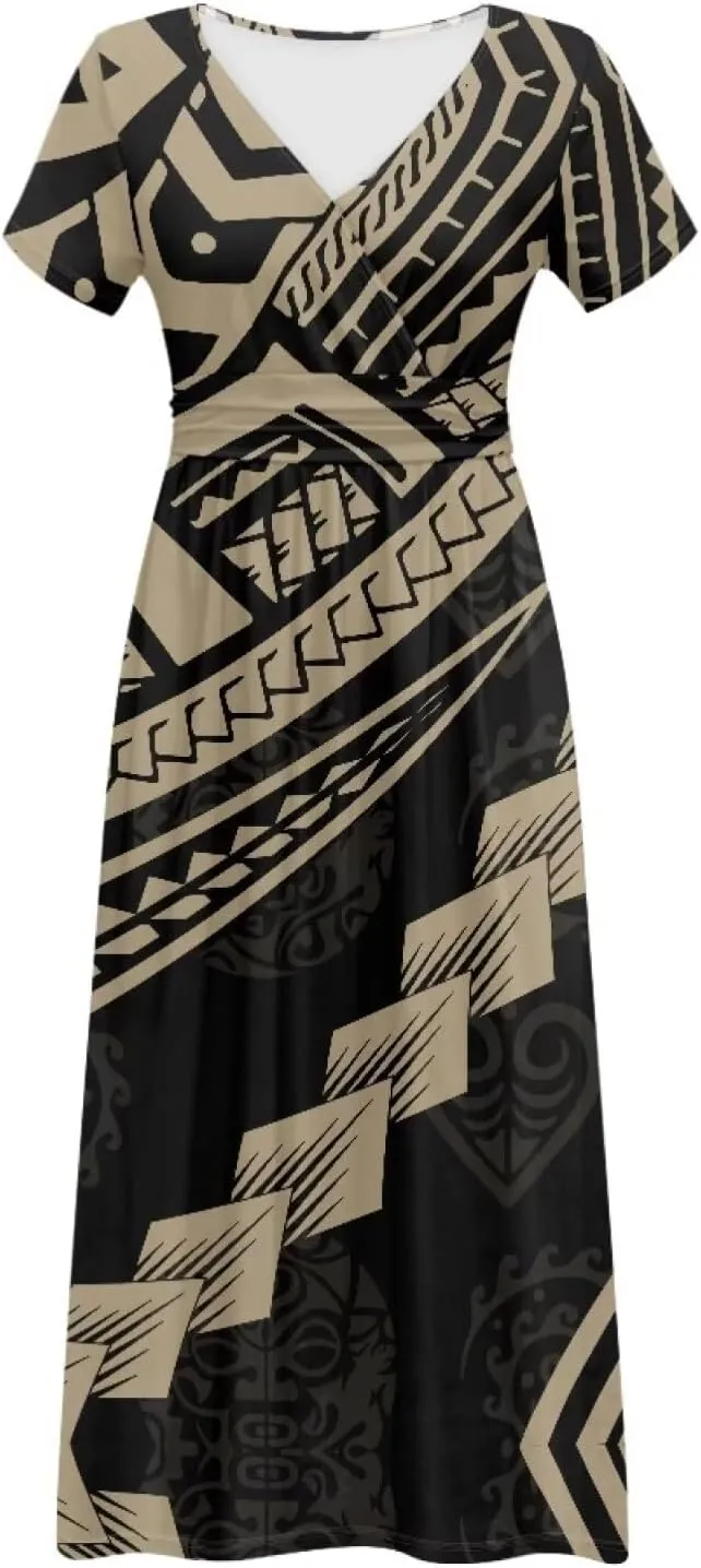 V-Neck Short Sleeve Maxi Dresses for Women Ankle Length Floral Print Beach Long Flowy Dress with Pockets