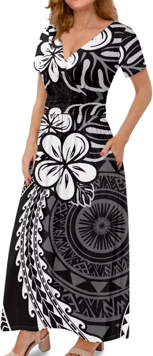 V-Neck Short Sleeve Maxi Dresses for Women Ankle Length Floral Print Beach Long Flowy Dress with Pockets