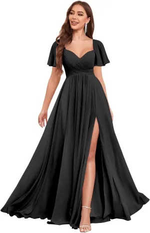 VCCICANY Chiffon Bridesmaid Dresses for Women Flutter Sleeve Pleated V Neck Long Formal Evening Gowns with Slit