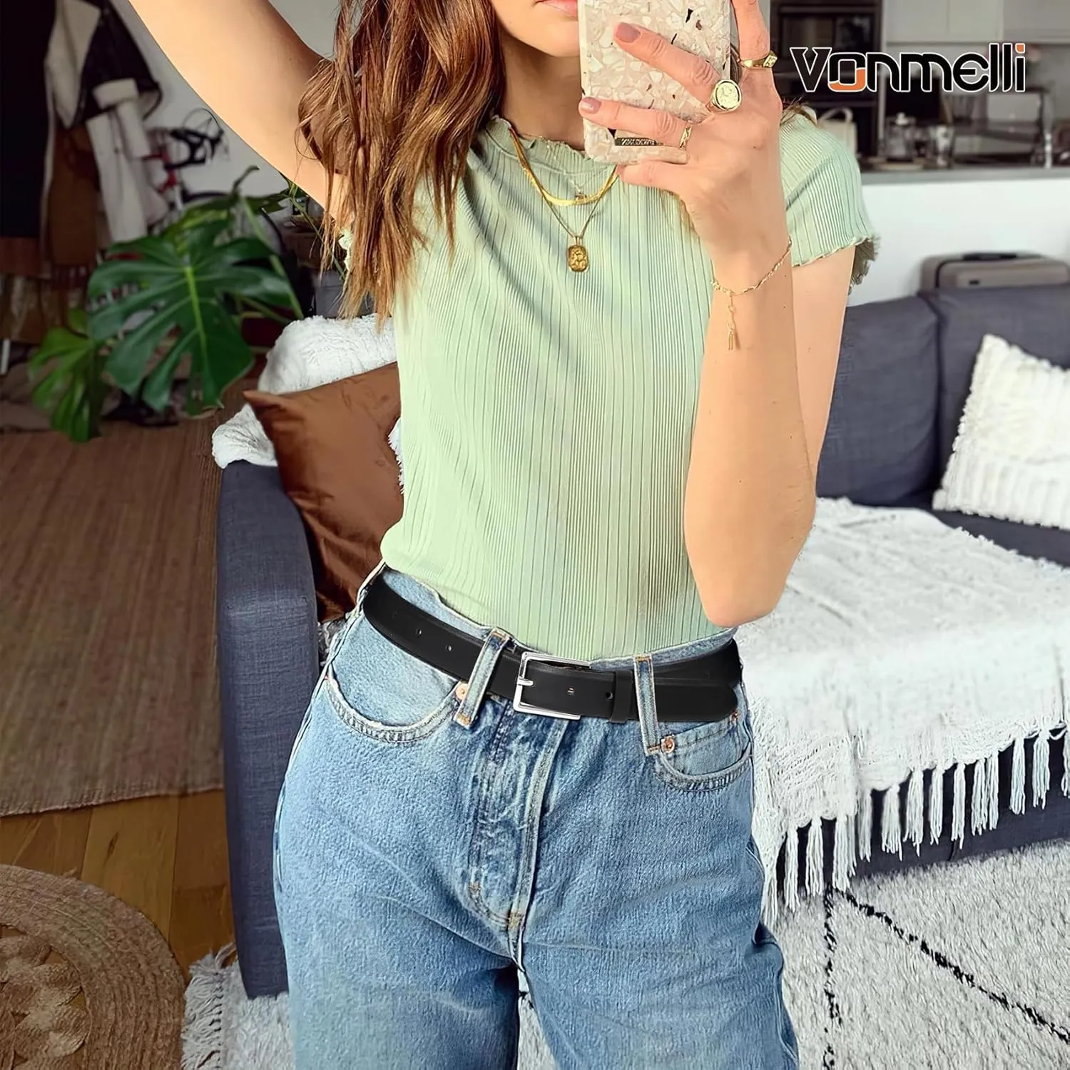 VONMELLI Belt for Women, Women's Leather Belt for Jean Dress, Fashion Ladies Belts with Rectangle Buckle