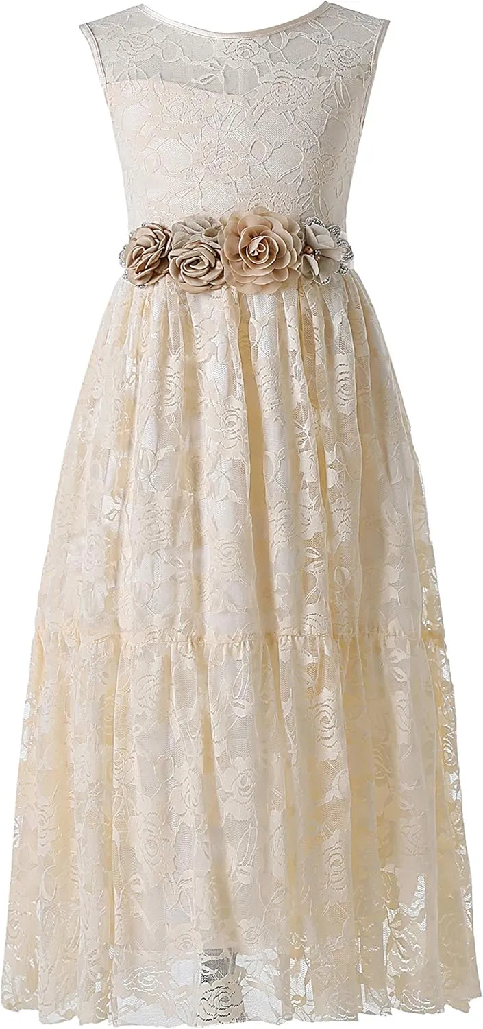Weileenice Big/Little Girls Lace Bridesmaid Dress with Belt Sheer Back Bohemian Kids Wedding Pageant Party Maxi Dresses