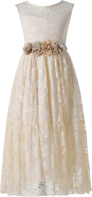 Weileenice Big/Little Girls Lace Bridesmaid Dress with Belt Sheer Back Bohemian Kids Wedding Pageant Party Maxi Dresses