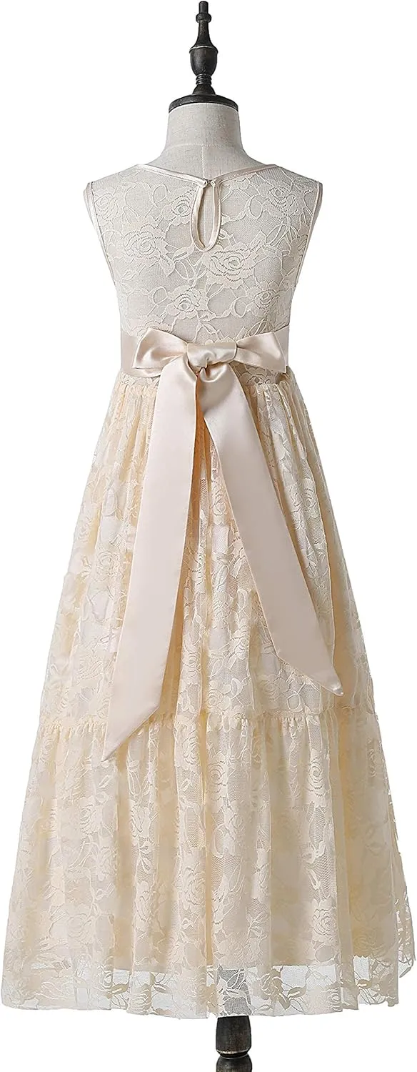 Weileenice Big/Little Girls Lace Bridesmaid Dress with Belt Sheer Back Bohemian Kids Wedding Pageant Party Maxi Dresses