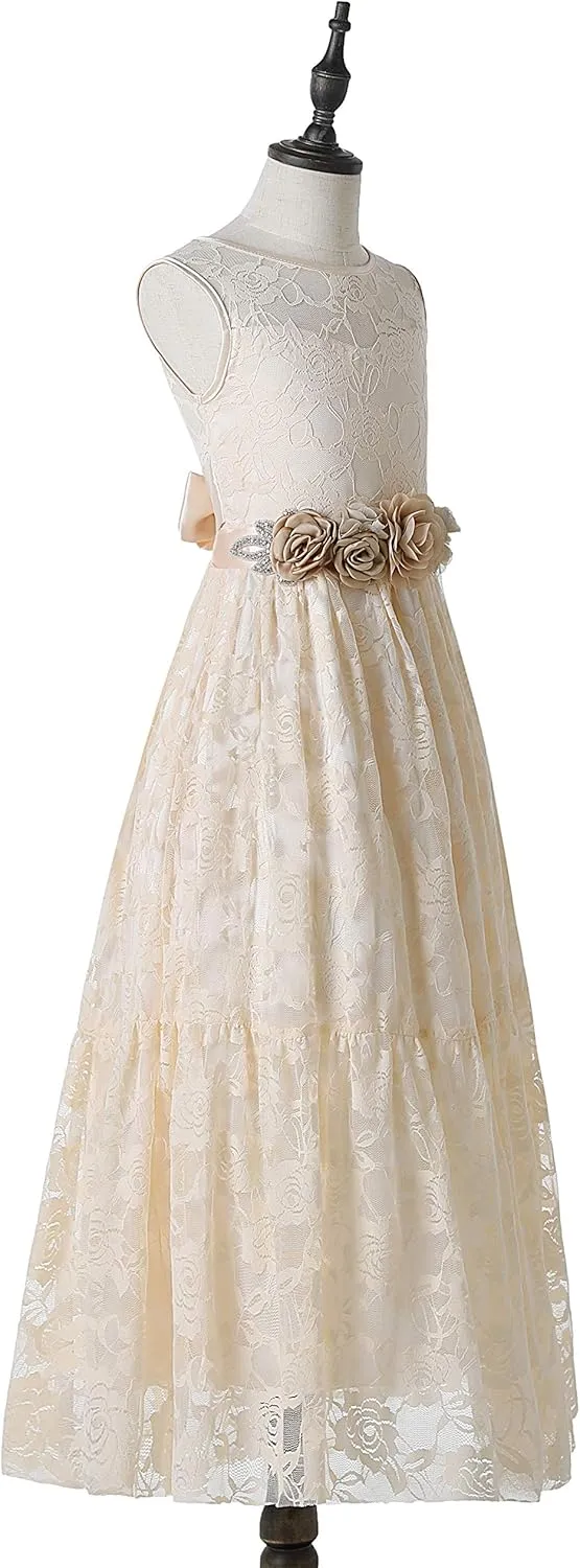 Weileenice Big/Little Girls Lace Bridesmaid Dress with Belt Sheer Back Bohemian Kids Wedding Pageant Party Maxi Dresses