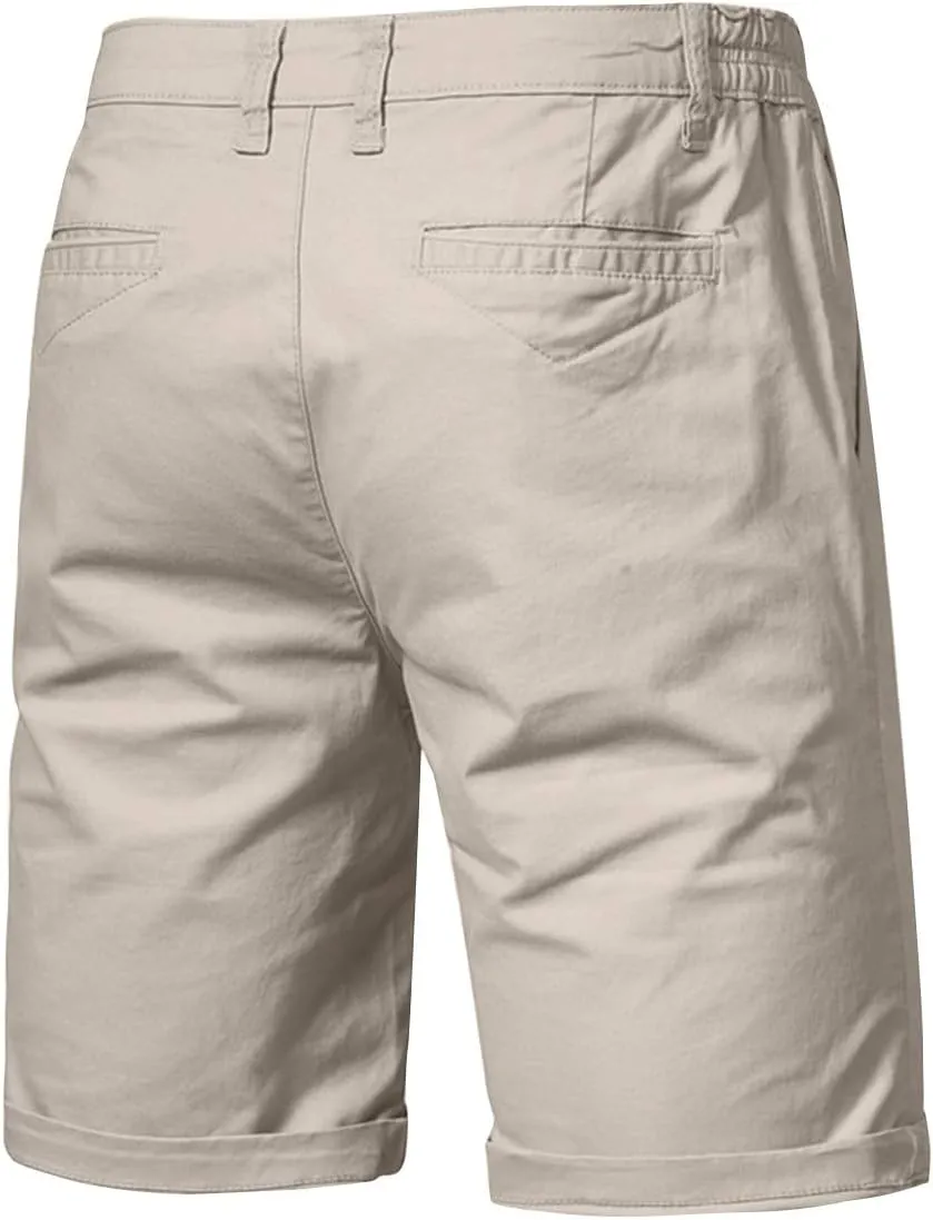 WENKOMG1 Cotton Shorts for Men Solid Chino Casual Knee Length Work Shorts Summer Slim Fit 10" Inseam Flat Front Shorts