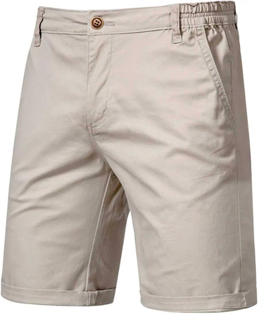 WENKOMG1 Cotton Shorts for Men Solid Chino Casual Knee Length Work Shorts Summer Slim Fit 10" Inseam Flat Front Shorts