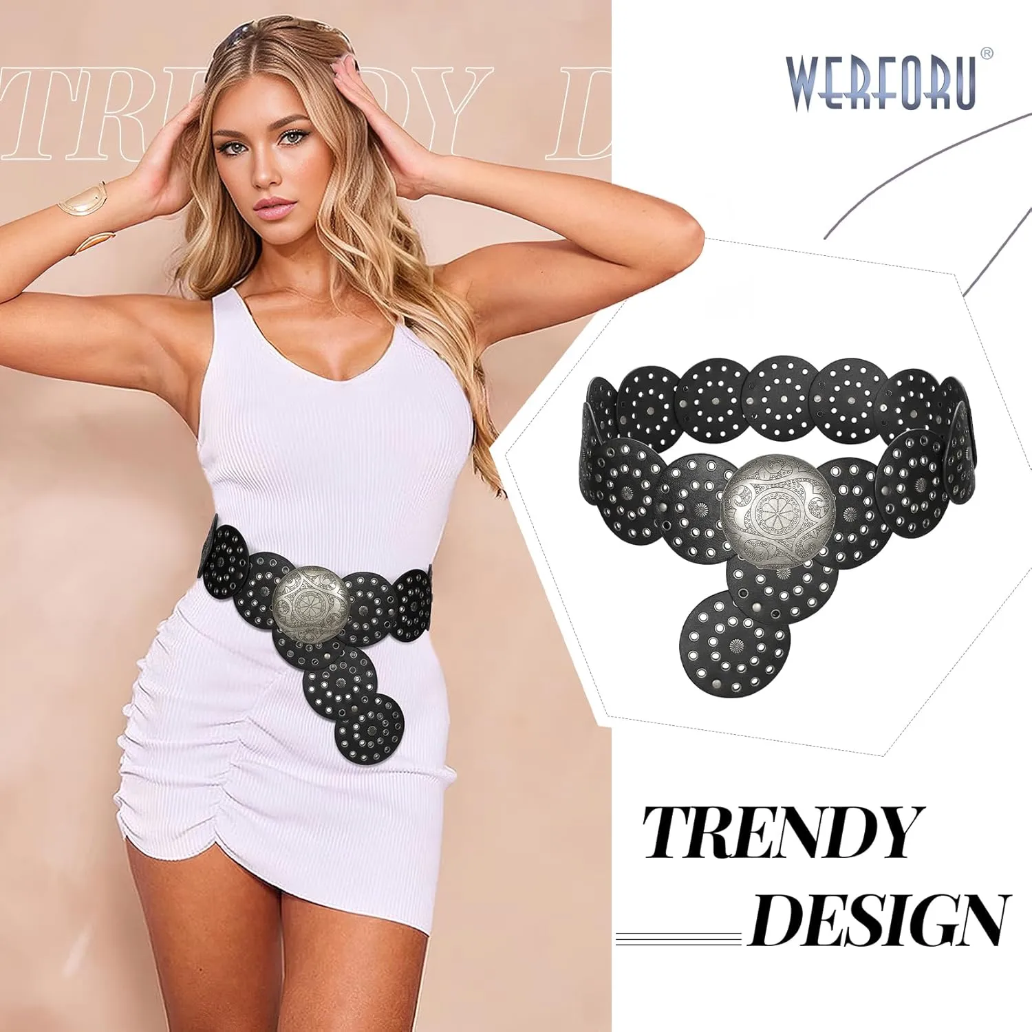 WERFORU Women Vintage Leather Belt Western Disc Waist Belts Ladies Western Belt Boho Belt for Dress Jean-