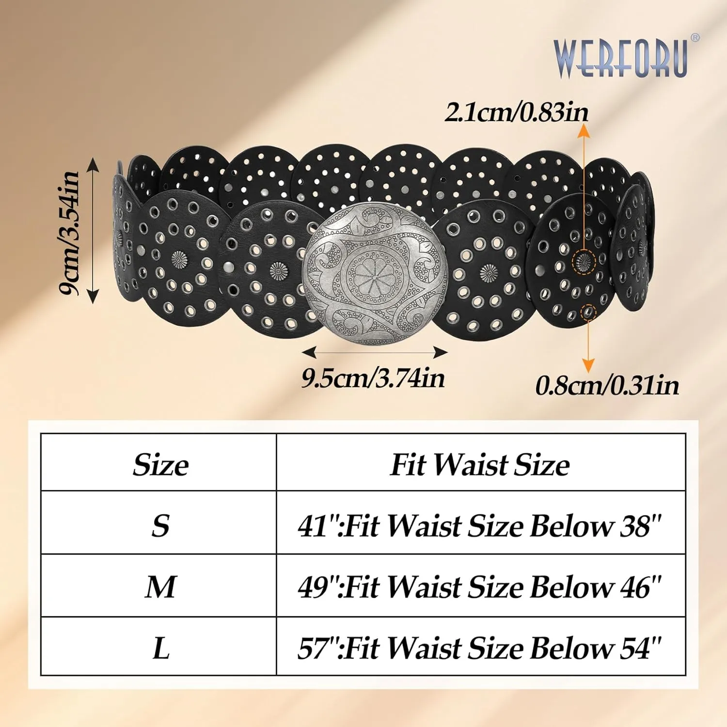 WERFORU Women Vintage Leather Belt Western Disc Waist Belts Ladies Western Belt Boho Belt for Dress Jean-