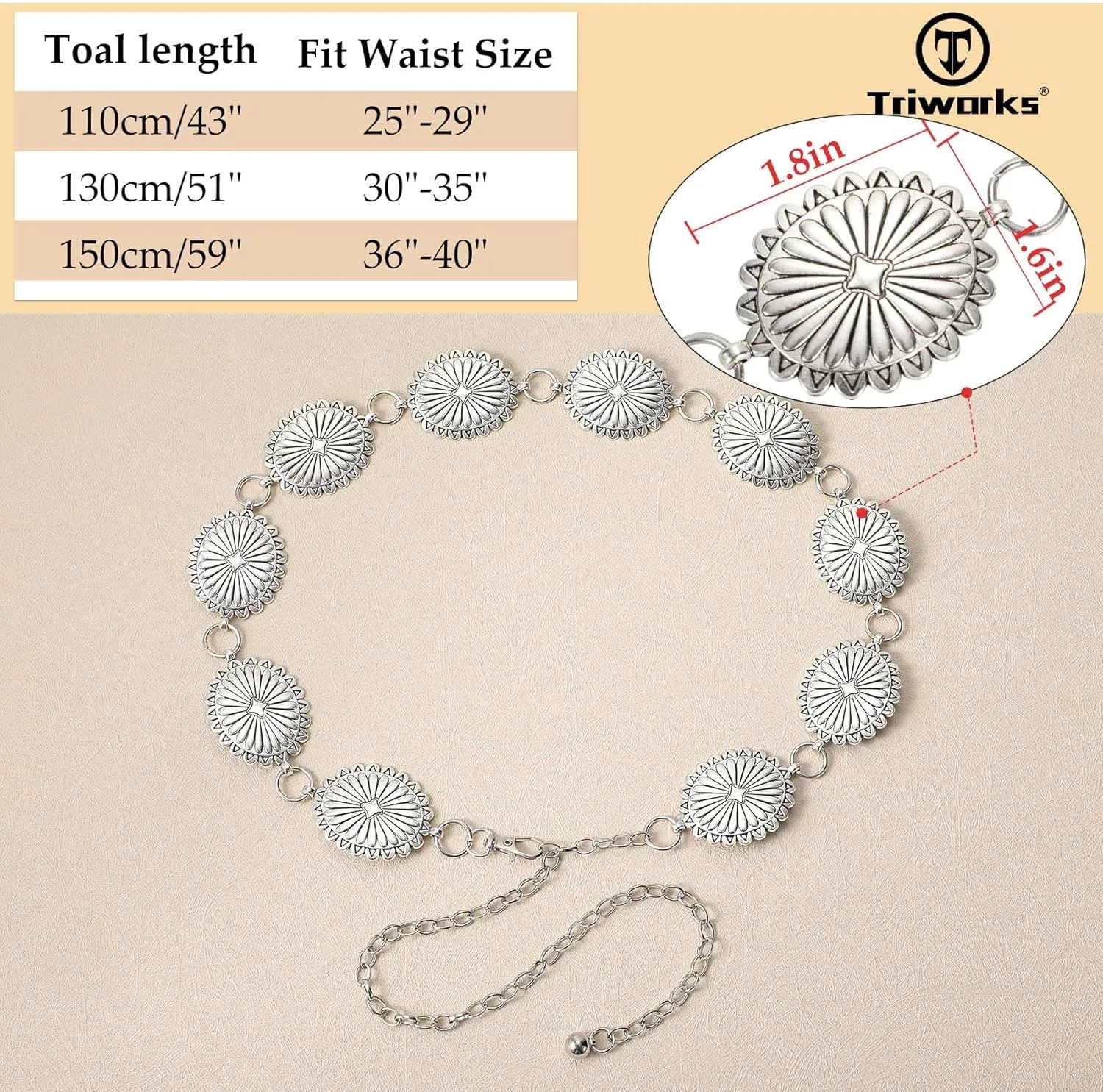 Western Metal Concho Belt for Women Western Cowgirl Chain Belts for Dresses Jeans Country Concert Outfit Belt
