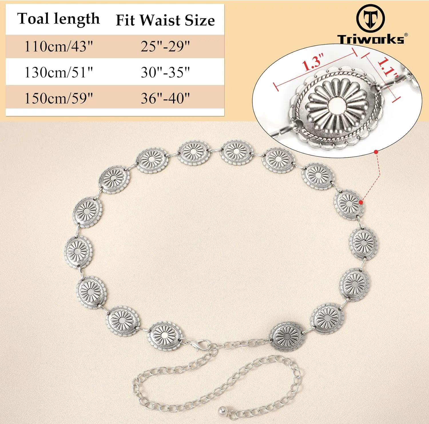 Western Metal Concho Belt for Women Western Cowgirl Chain Belts for Dresses Jeans Country Concert Outfit Belt