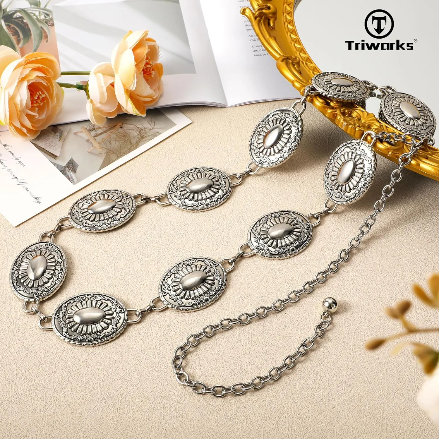 Western Metal Concho Belt for Women Western Cowgirl Chain Belts for Dresses Jeans Country Concert Outfit Belt