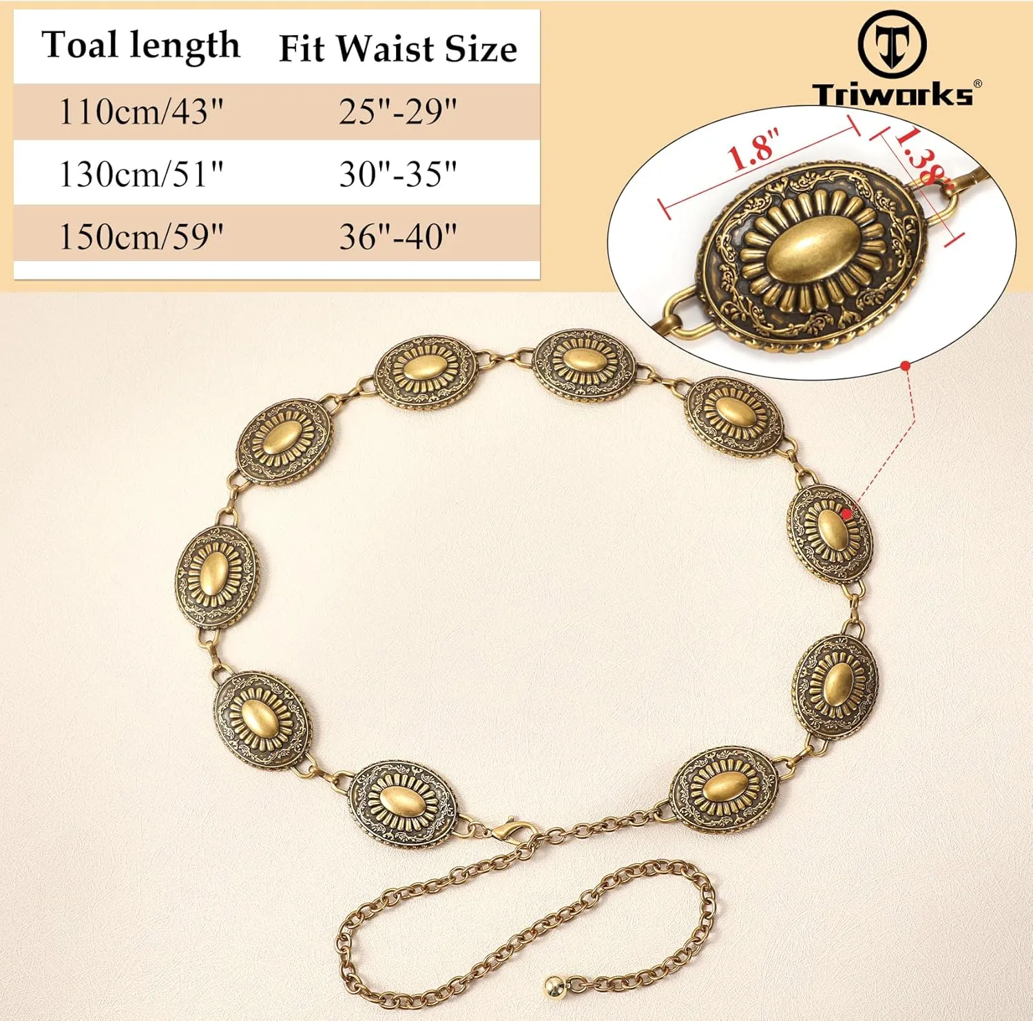 Western Metal Concho Belt for Women Western Cowgirl Chain Belts for Dresses Jeans Country Concert Outfit Belt