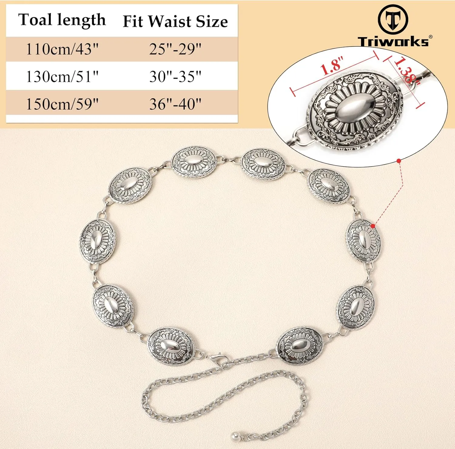 Western Metal Concho Belt for Women Western Cowgirl Chain Belts for Dresses Jeans Country Concert Outfit Belt