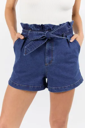 What's New Dark Wash Paperbag Waist Belted Denim Shorts