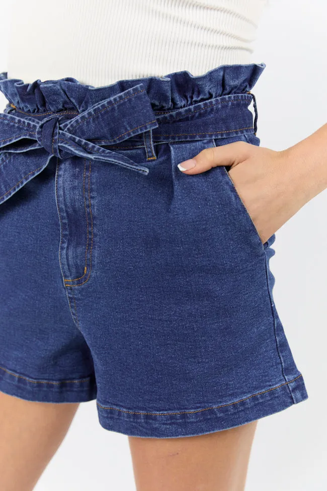 What's New Dark Wash Paperbag Waist Belted Denim Shorts