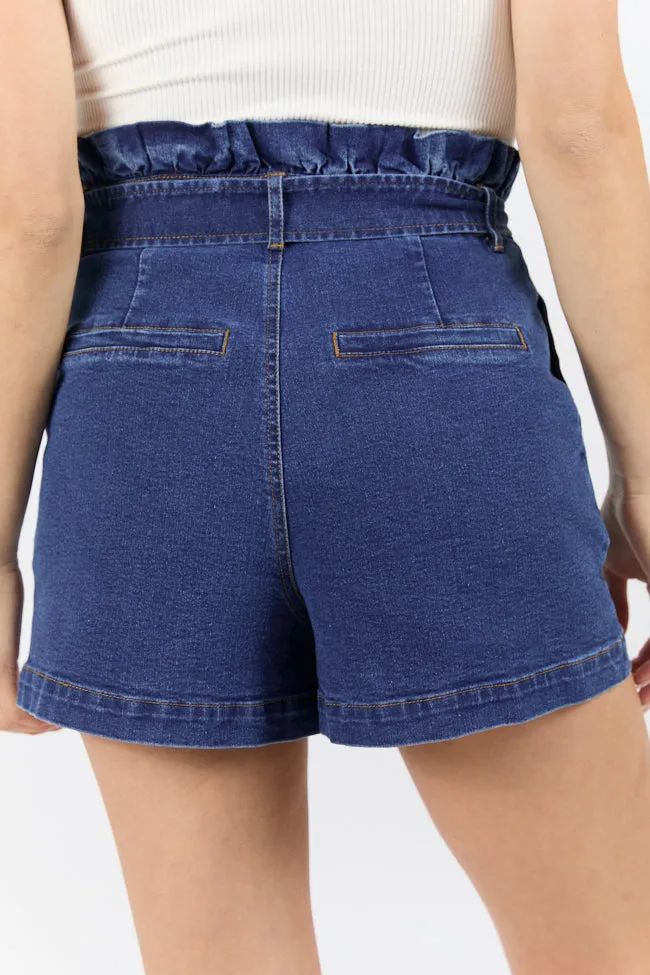 What's New Dark Wash Paperbag Waist Belted Denim Shorts