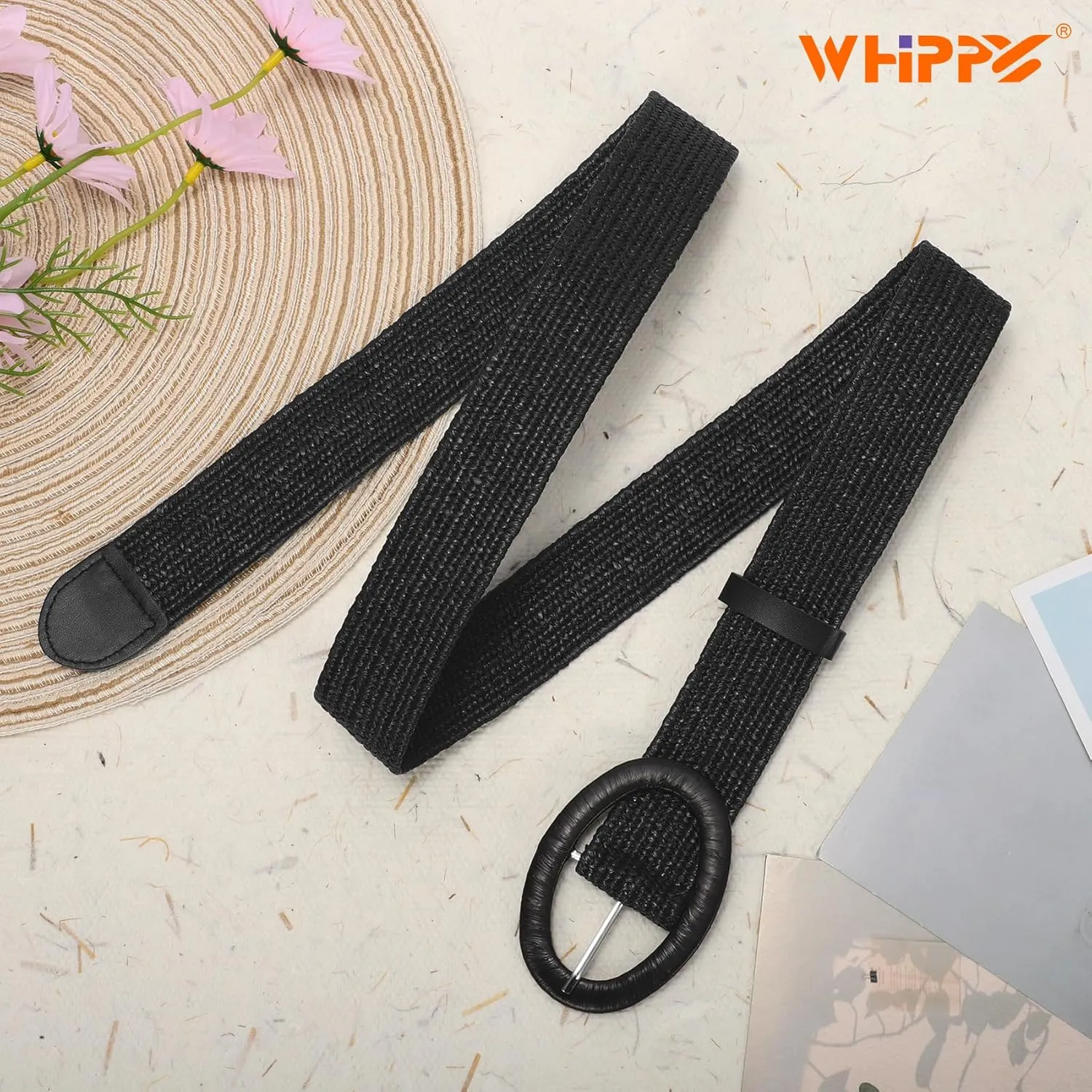 WHIPPY Women Straw Woven Elastic Stretch Waist Belt, Boho Braided Skinny Dress Belts for Women