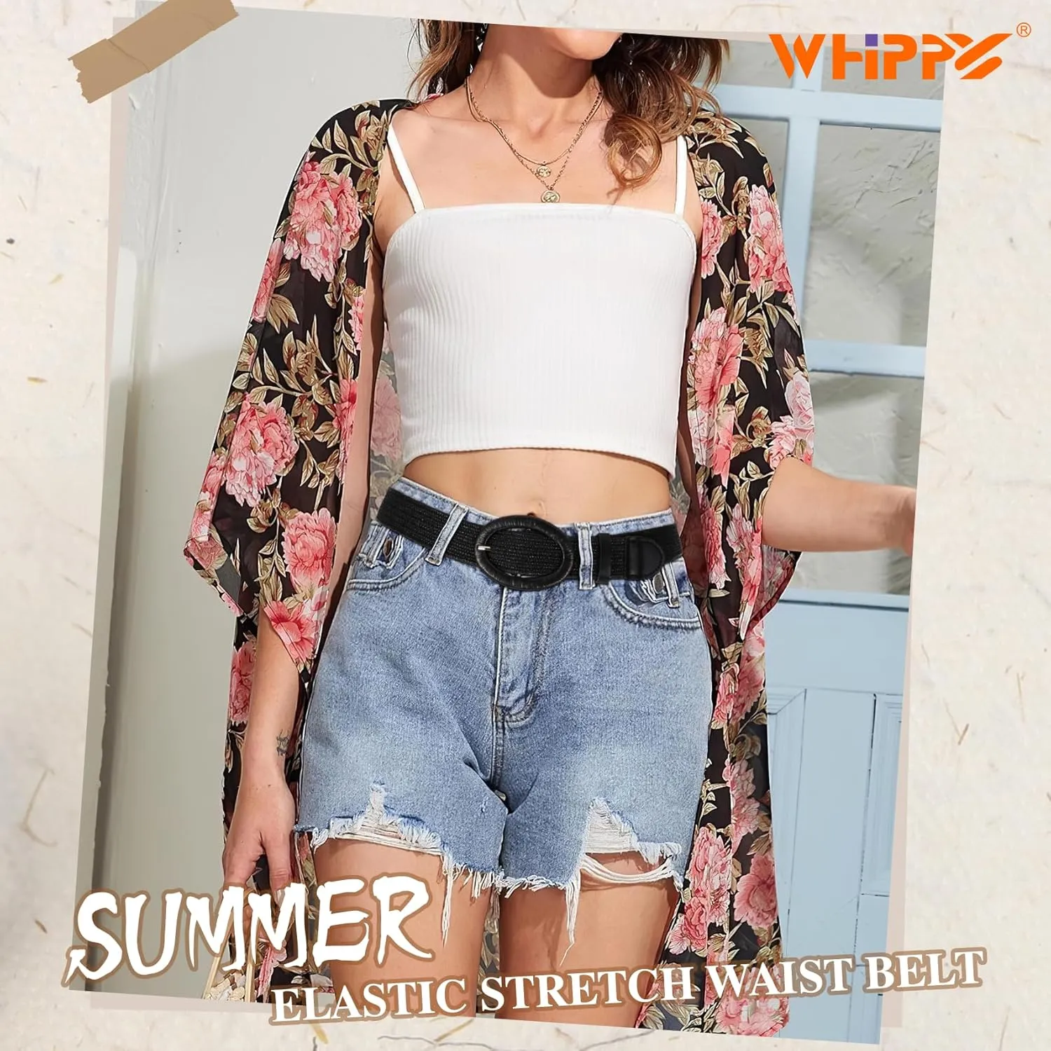 WHIPPY Women Straw Woven Elastic Stretch Waist Belt, Boho Braided Skinny Dress Belts for Women