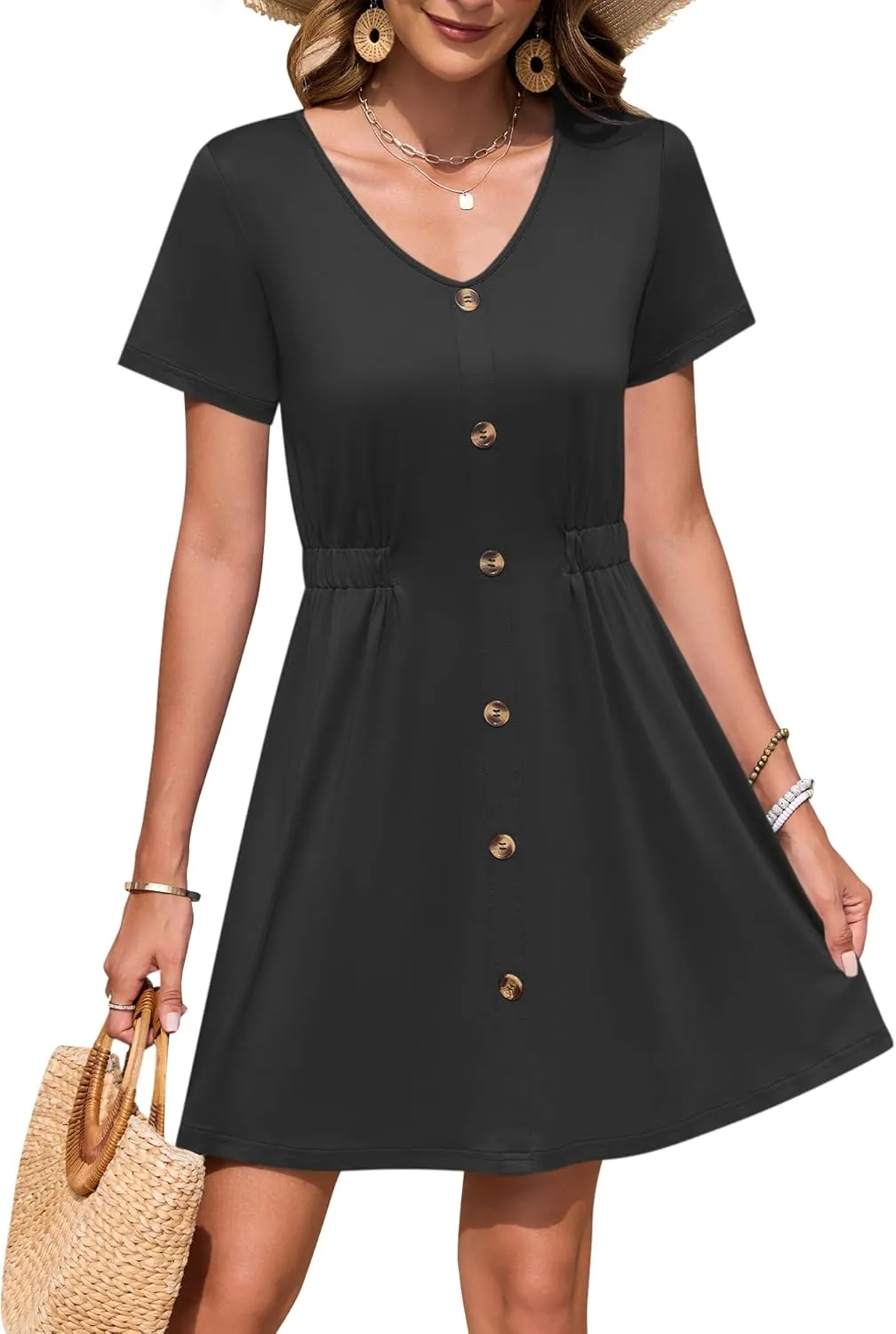 WNEEDU Women Summer Dresses Short Sleeve Casual Loose Swing Button Down Mini Dress Flowy Beach Sundress