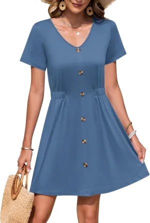 WNEEDU Women Summer Dresses Short Sleeve Casual Loose Swing Button Down Mini Dress Flowy Beach Sundress