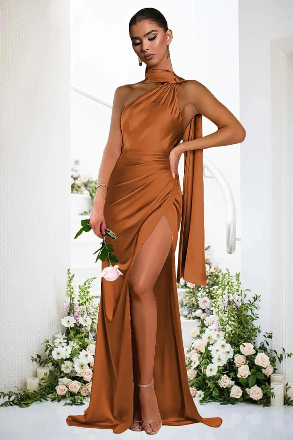 Womem's One Shoulder Prom Dresses with Scarf Satin Mermaid Bridesmaid Dresses Formal Gwons with Slit