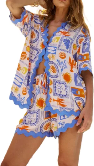 Women 2 Piece Pj Sets Y2K Print Short Sleeve Button Down Tops & Drawstring Shorts Summer Beach Vacation Lounge Sets