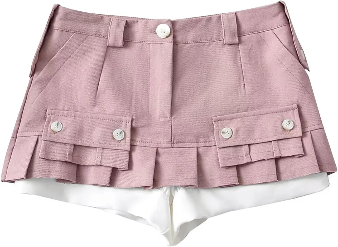 Women A Line Mini Denim Shorts Fashion Summer Casual Solid High Waisted Pleated Ruffle Hem Jean Short Lining Skirt
