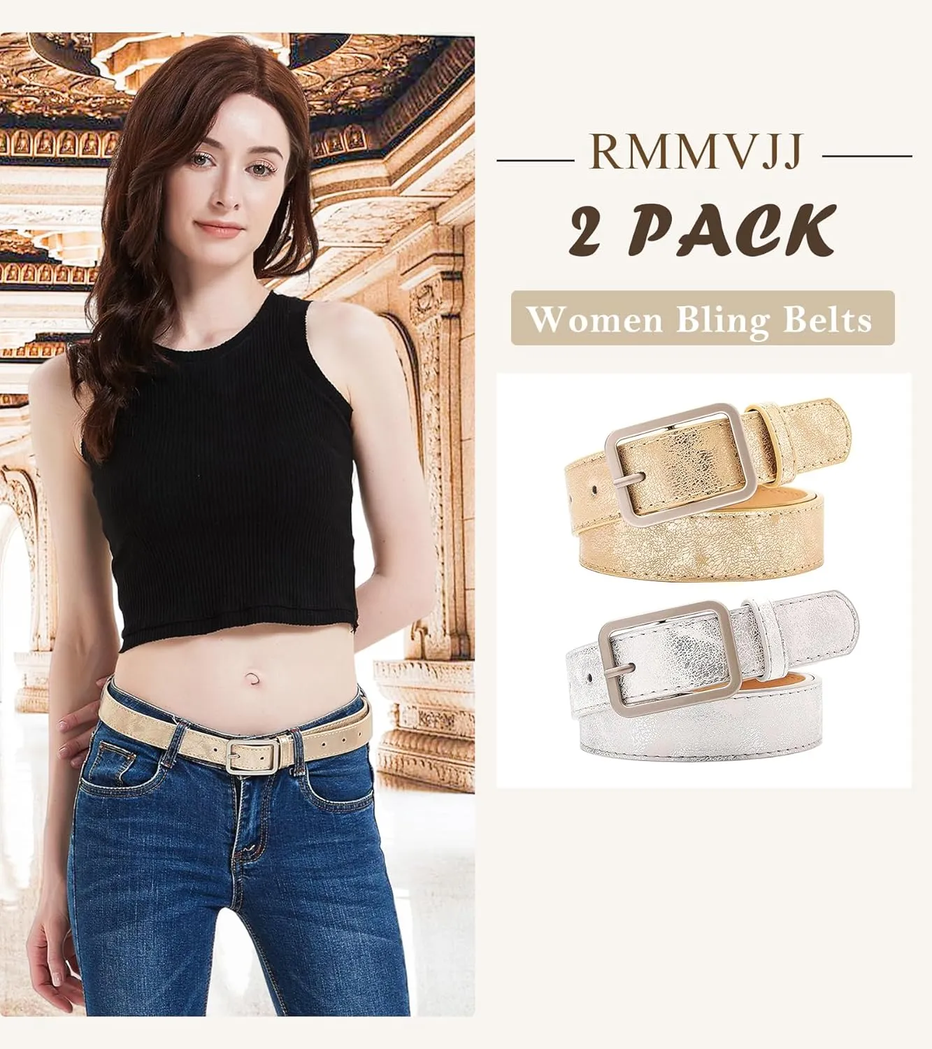 Women Bling Belts Shiny Gold Silver Leather Belt Club Party Jeans Pants Dresses Belts