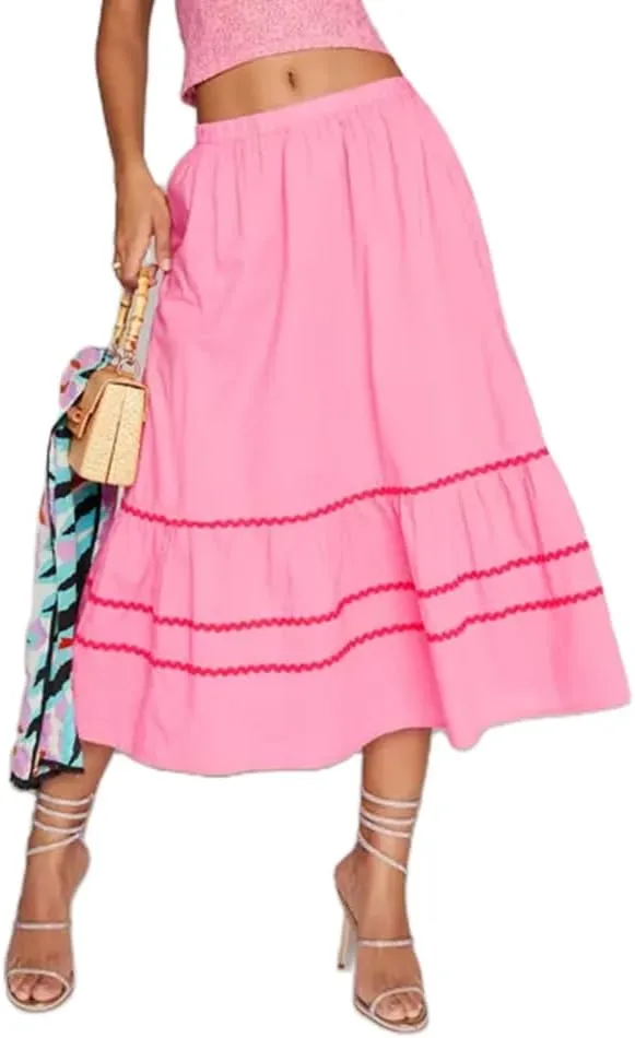 Women Boho Long Skirt Y2k Elastic High Waist Ruffle Pleated Swing Maxi Skirt Casual Tiered Prairie Flowy Aline Skirt