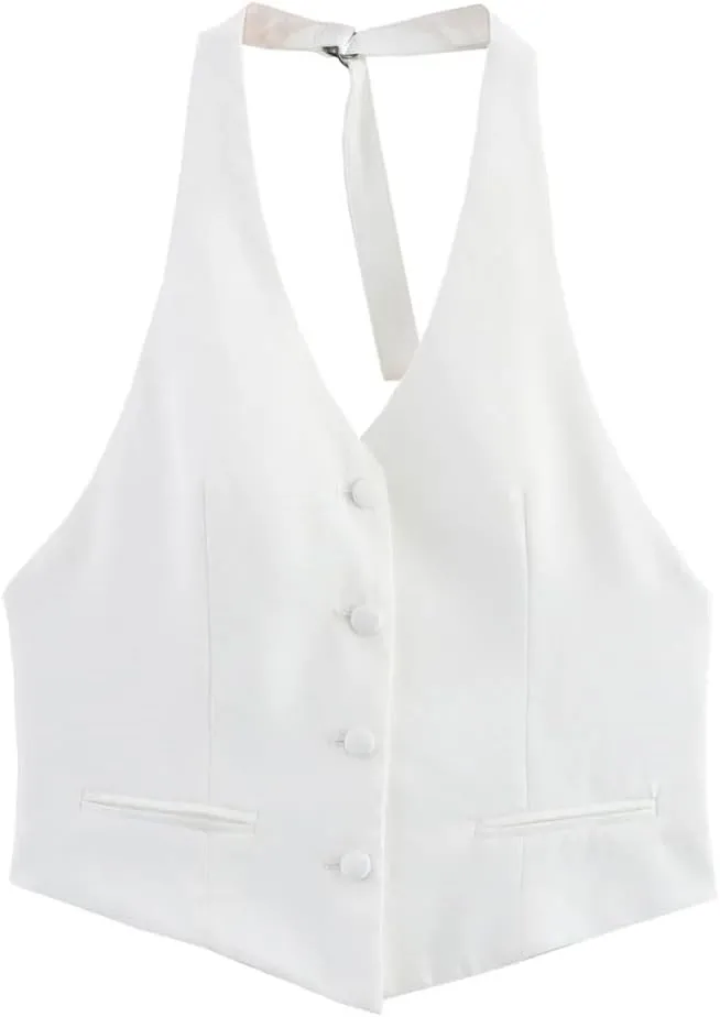 Women Fashion V-Neck Sleeveless Backless White Halterneck Tops Female Buttons Business Slim Camisole Vest