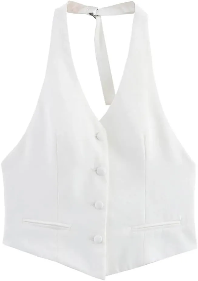 Women Fashion V-Neck Sleeveless Backless White Halterneck Tops Female Buttons Business Slim Camisole Vest