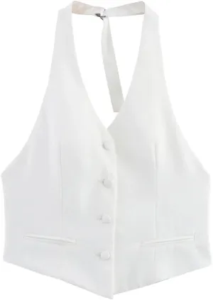 Women Fashion V-Neck Sleeveless Backless White Halterneck Tops Female Buttons Business Slim Camisole Vest