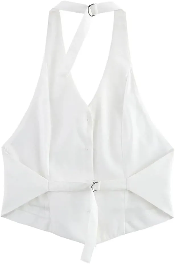 Women Fashion V-Neck Sleeveless Backless White Halterneck Tops Female Buttons Business Slim Camisole Vest
