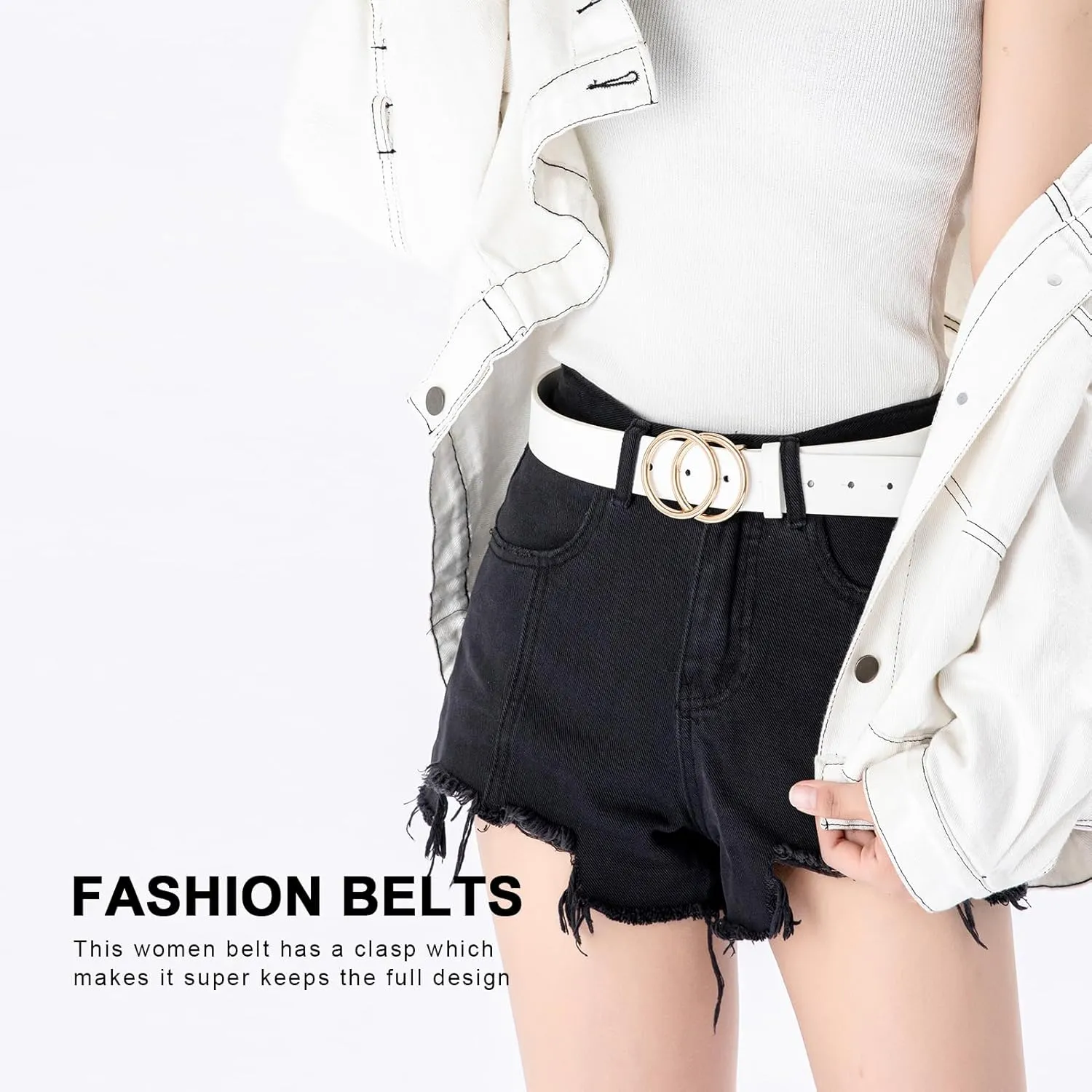 Women Faux Leather Belt for Jeans Dress Waist Belts with Gold Ring Buckle