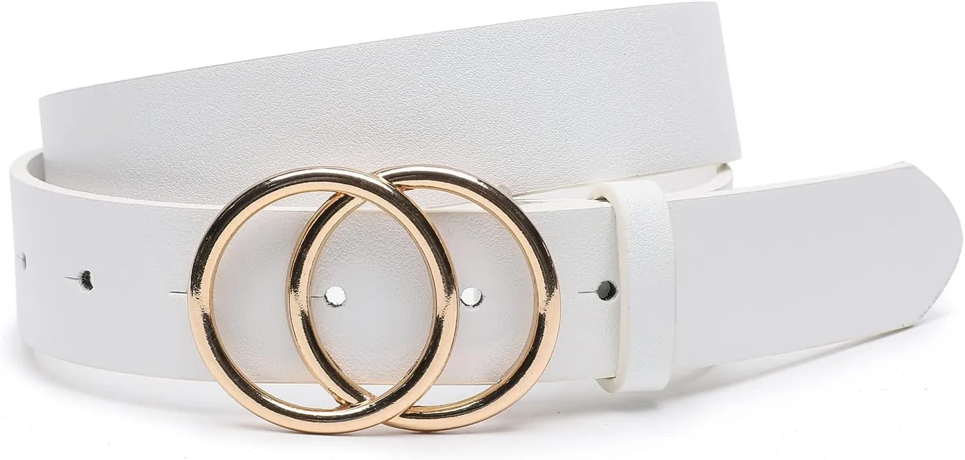 Women Faux Leather Belt for Jeans Dress Waist Belts with Gold Ring Buckle