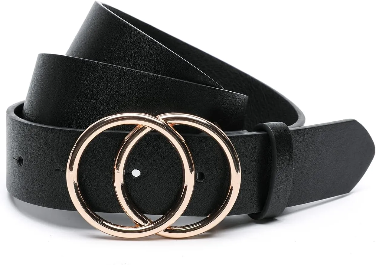 Women Faux Leather Belt for Jeans Dress Waist Belts with Gold Ring Buckle