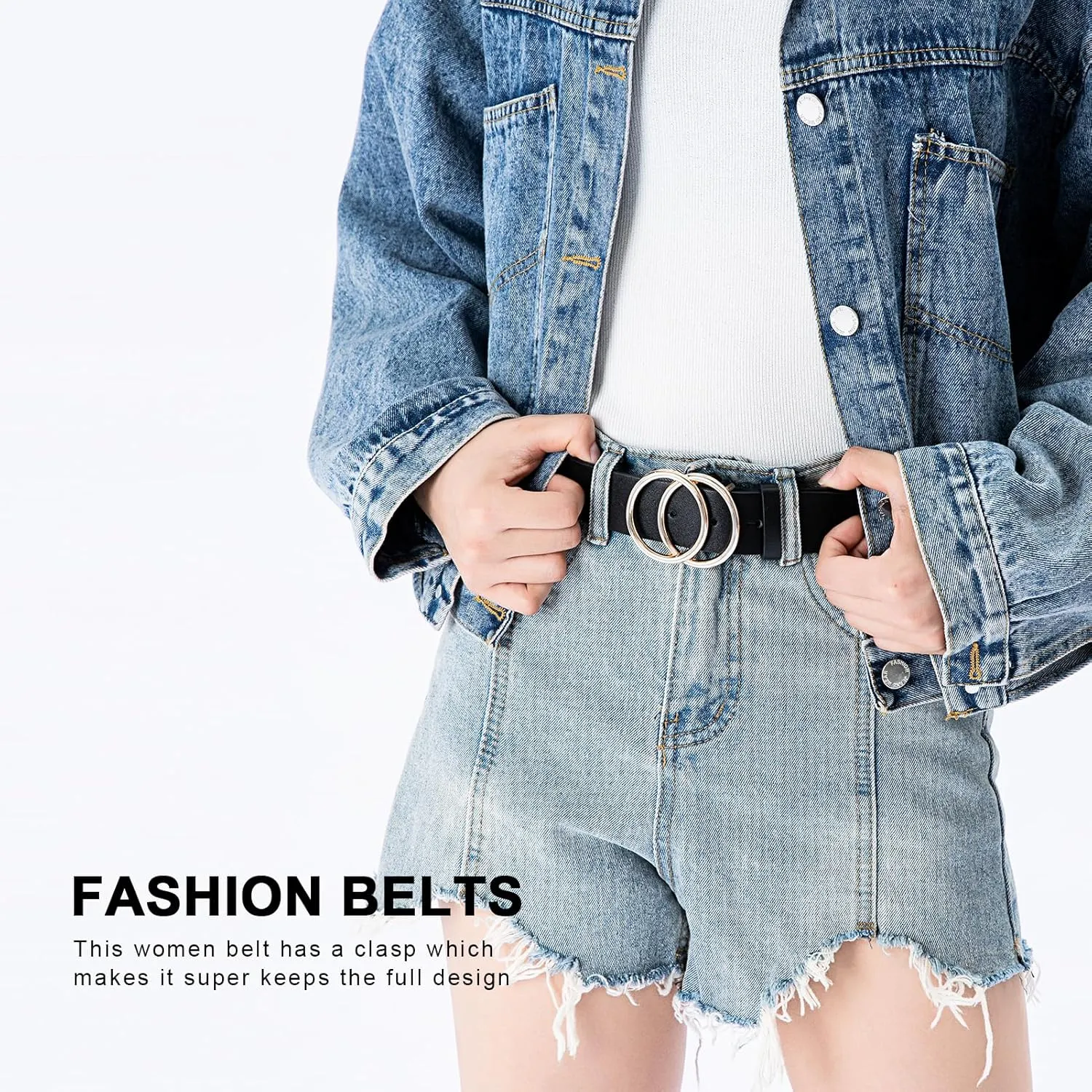 Women Faux Leather Belt for Jeans Dress Waist Belts with Gold Ring Buckle