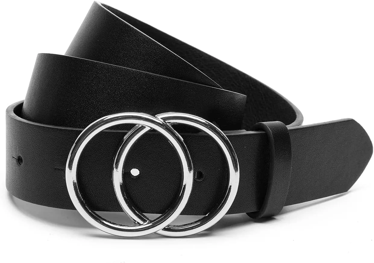 Women Faux Leather Belt for Jeans Dress Waist Belts with Gold Ring Buckle